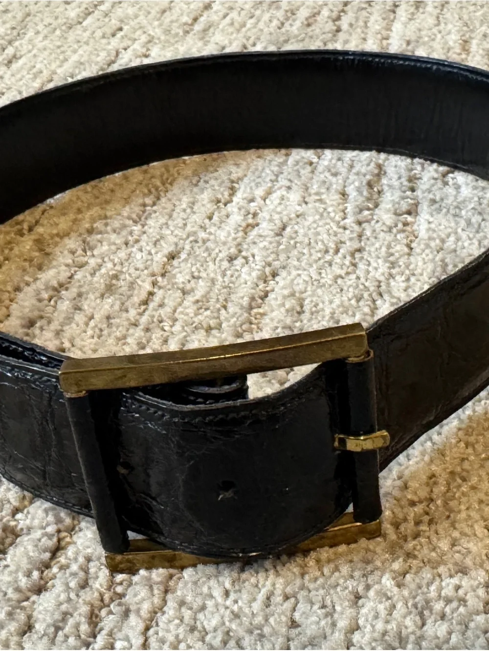Vintage Black Embossed Leather Alligator Belt with Brass Buckle XS